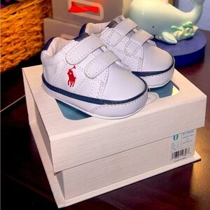 White leather blue trim Polo shoes, Size 0